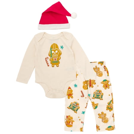 STAR WARS Darth Vader Christmas Bodysuit Pants and Velour Santa Hat 3 Piece Outfit Set Newborn to Infant