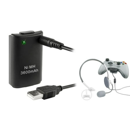 Xbox 360 Battery Pack Xbox 360 Headset with Mic by Insten Black Live Gaming Headset with Mic Microphone + 3600mAh Rechargeable Battery with USB Cable For Xbox 360 Remote Controller