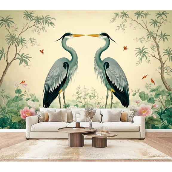 Wallpaper Elegant Pair Green Cranes Vintage Asian Botanical Peel and Stick Wall Murals 100"H x 144"W Removable PVC Wall Paper Self-Adhesive Wall Paintings Art Decor for Bedroom Living Room