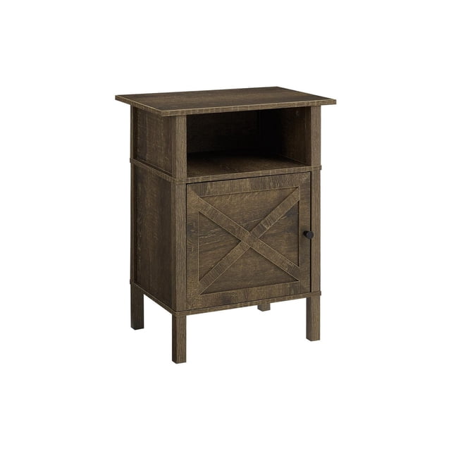 Transitional small side table in dark bronze laminate with an open storage shelf above a cabinet door decorated with an X pattern.