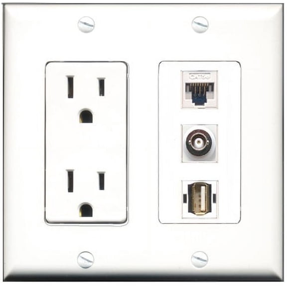 RiteAV - 15 Amp Power Outlet 1 Port USB A-A 1 Port BNC 1 Port Cat5e Ethernet White Decorative Wall Plate