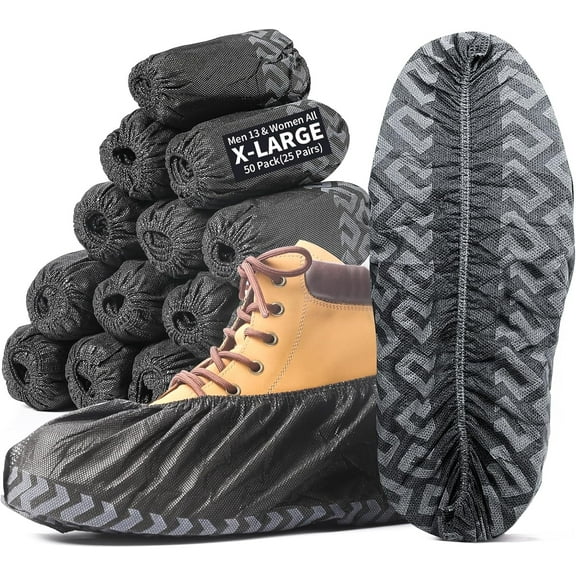 Disposable Shoe Covers X-Large 50 Pack , Non-Slip Sole & Stretchable Design , Fits US Men's Size 13-15 , Breathable Non-Woven Fabric for Indoor Use, Construction,  Home Protection (Black)