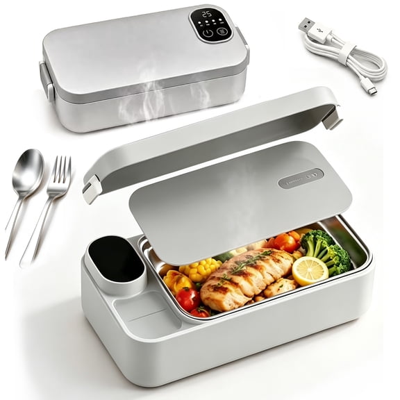 Electric Lunch Box, 900ml Cordless Heated Food Warmer, 7200mAh Battery, 4 Temp Settings & Timer, Fork & Spoon Included, for Car Office Travel Picnic