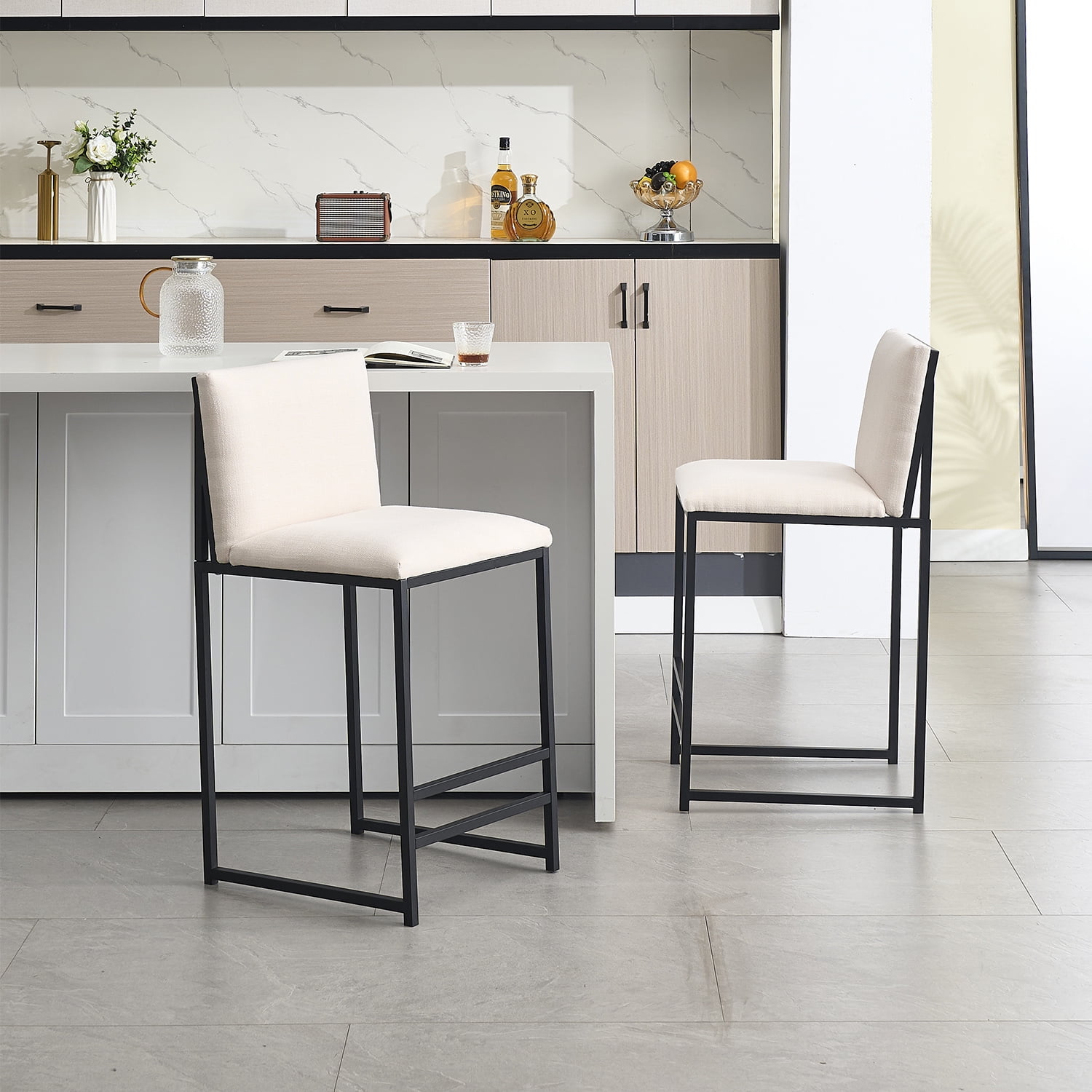 Demi Bonn 44" Counter Height Bar Stools Set of 2, Upholstered Linen Barstools with Back, Armless Kitchen Island Countertop Chairs with Metal Legs, White