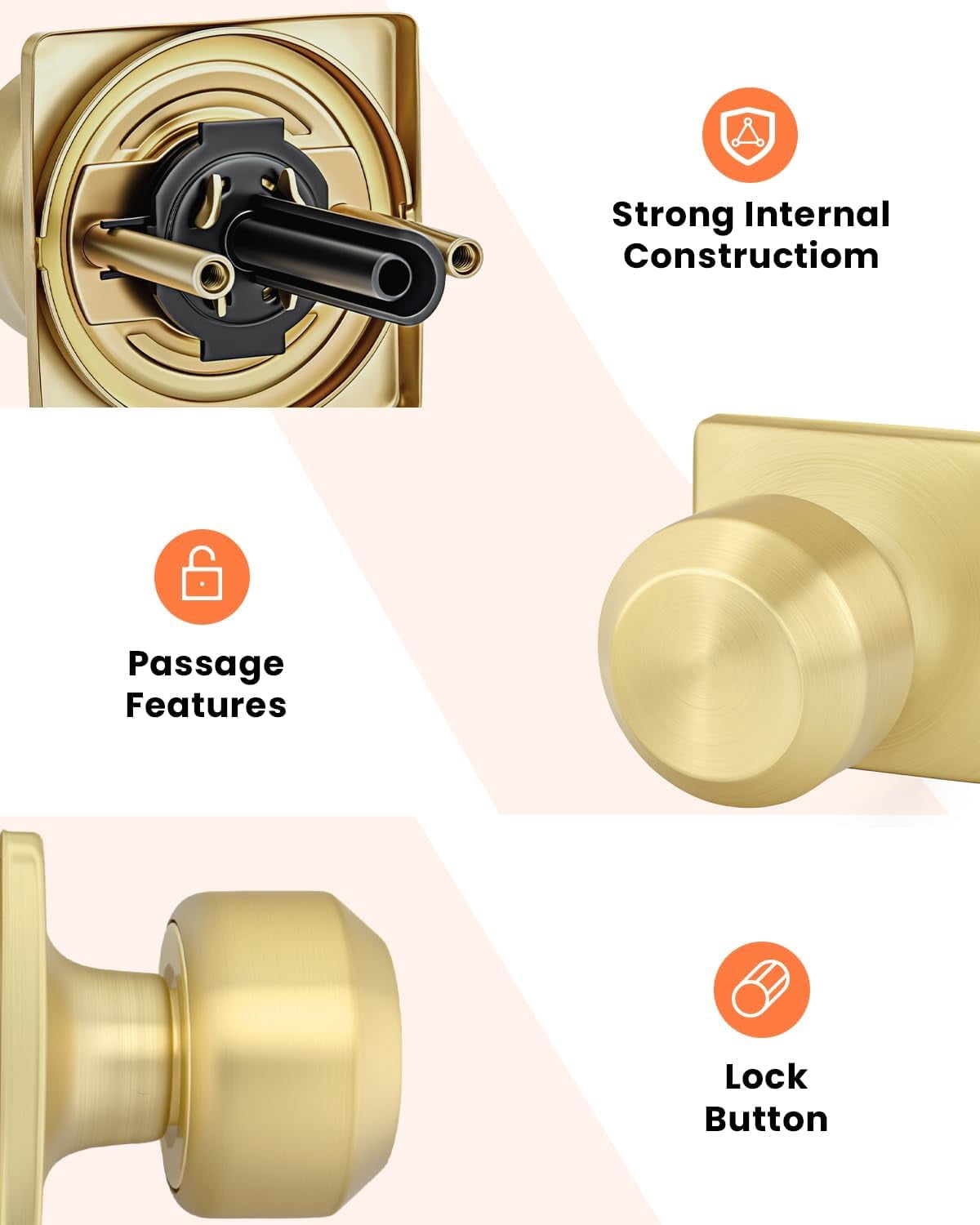 6 Pack Gold Interior Door Knobs, Passage Door Knobs for Closet and Hallways Keyless Non-Locking Doorknob Square Panel
