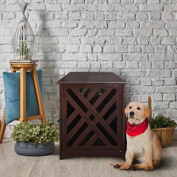 Casual Home Modern Lattice Wooden Pet Crate End Table, Espresso, Medium