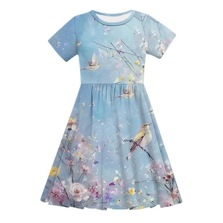 MKOSPLRT Girl's Summer Dresses Short Sleeve Casual Holiday Skater Twirl  Dresses Boho Floral Print A Line Dress Swing Flowy Midi Dress - Walmart.com