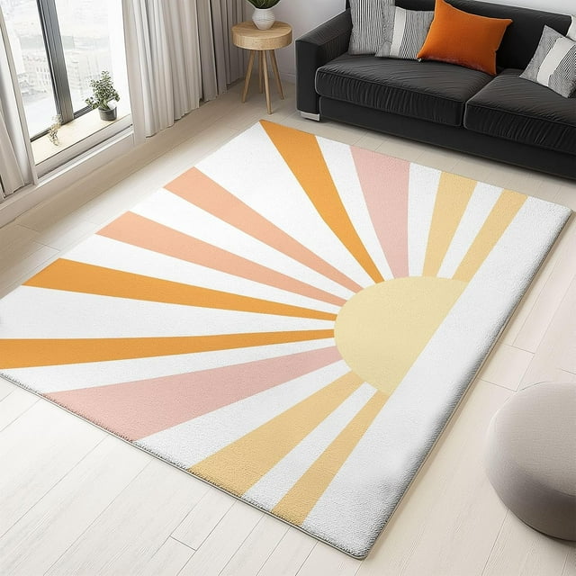 Area Rugs Simple Sun Rays Stain Resistance, 2 X 3 ft Machine Washable Non-Slip Carpet for Living Room Bedroom Office, White Pet Friendly Indoor & Outdoor Rug
