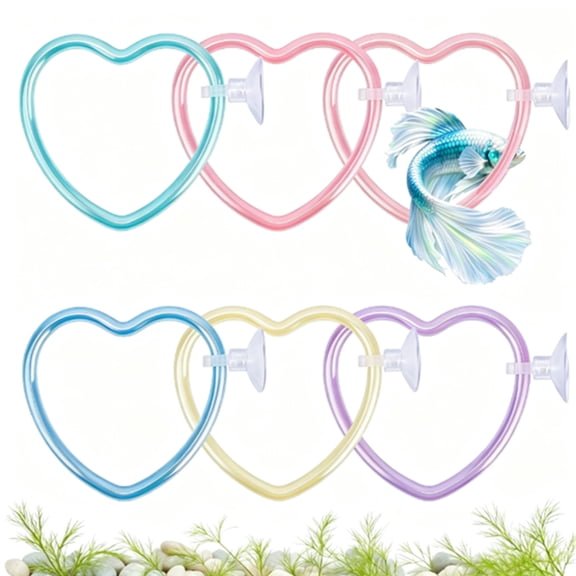 6pcs Betta Fish Heart Swim Rings Decor with Suction Cup (Colorful) Heart Shaped Fish Interactive Aquarium Training Rings for Betta Fish Tank Decor Accessories