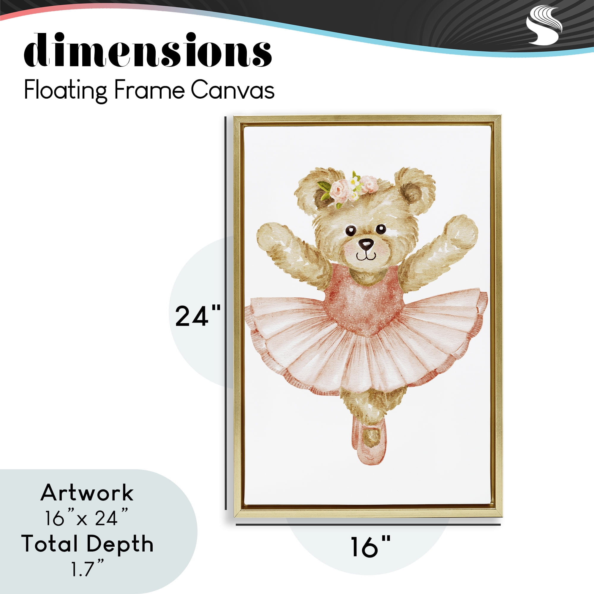 Teddy Bear Ballet Tutu Gold Framed Floater Canvas Wall Art, design by Amy Hall