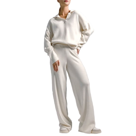 Women's 2 Piece Outfits Sweater Set Wide Leg Pants V-Neck Sweatsuit Loungewear Cream White L