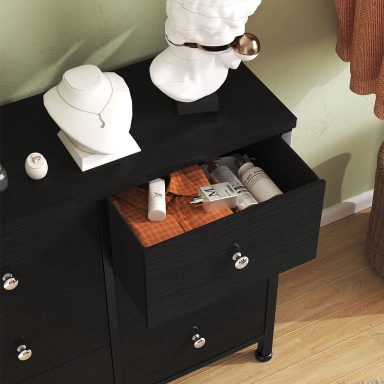 black 6 drawer dresser walmart WLIVE Minimalist 6-Drawer LED Large Storage Fabric Dresser TV Stand Black