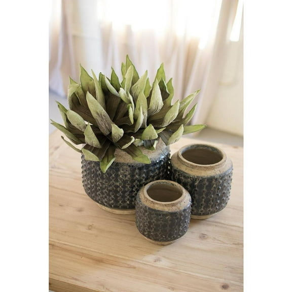 SET OF THREE DARK BLUE KNOBBY CERAMIC POTS