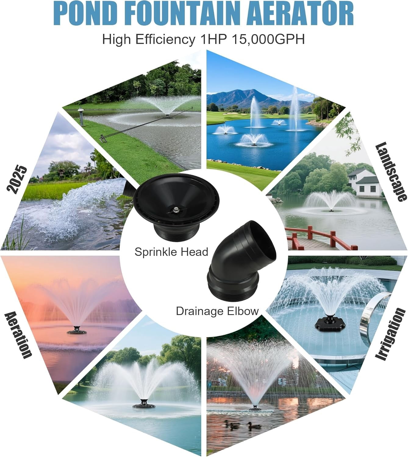 FOUR E's Scientific Pond Fountain Aerator, 1HP 750W 110V Stainless Steel Floating Fountain With 100ft Power Cord, Octagon Aerating Fountain Pump