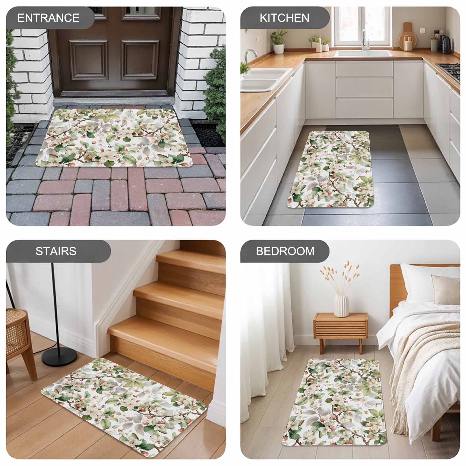 Spring Floral Doormat Outdoor Entrance 24"x36", Green Botanical Flowers Watercolor Absorb Moisture Dirt Door Mats, Non-Slip Rubber Backing Floor Mats Indoor, Low-Profile Front Door Rugs