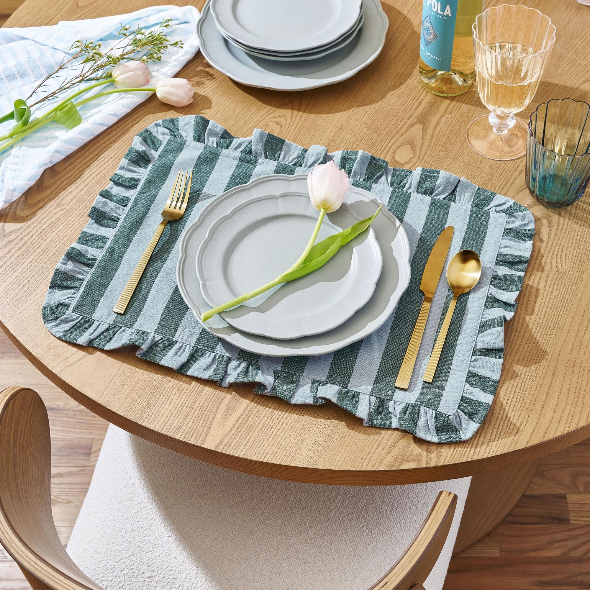Beautiful Ruffle Stripe Fabric Placemat by Drew Barrymore, Cornflower Blue/Thyme Green, 20"W x 14"L