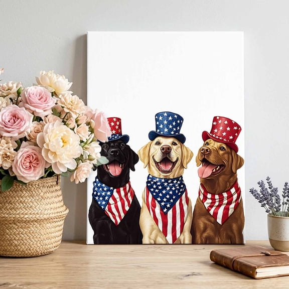 Canvas Wall Art Independence Day Canvas Art Print US Flag Dogs Pictures Wall Decor for Living Room Bedroom Artwork Decorations Stretched Framed Ready to Hang 20"x30"
