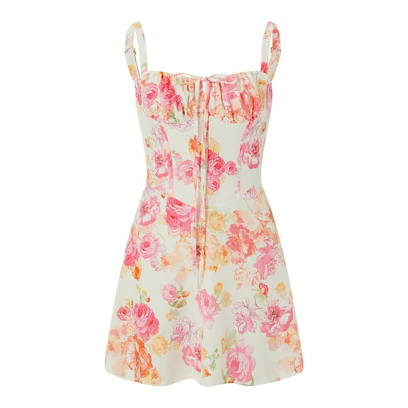 Sunisery Women Bodycon Mini Dress Flower Print Low Cut Tie-Up Sleeveless Cami Dress Summer Backless Party Dress