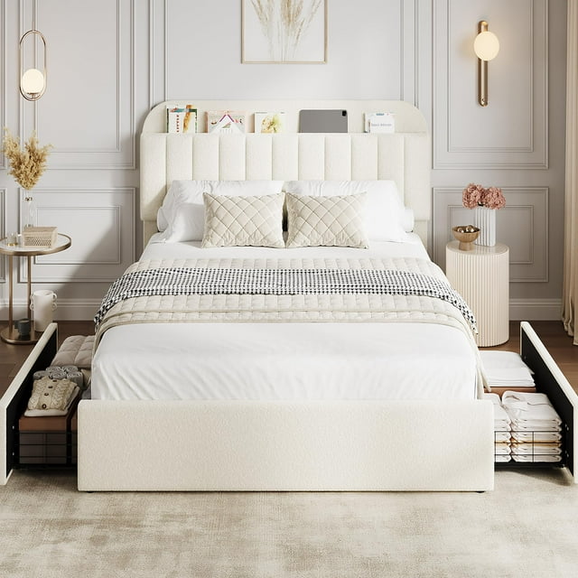 PIONEERWORKS Queen Bed Frame with Storage Headboard, Boucle Upholstered Platform Bed with Bookcase & 2 Drawers, No Box Spring Needed, Easy Assembly, Beige White