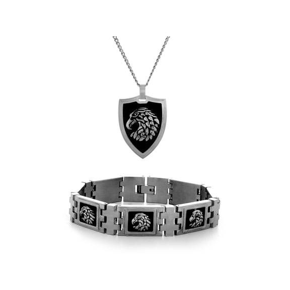 Stainless Steel Black IP Eagle Head Signet Bracelet and Pendant Set