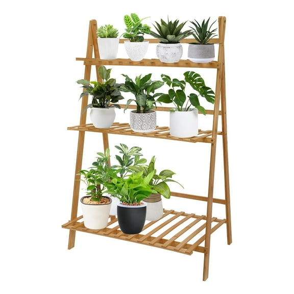 Miumaeov 3 Tier Bamboo Plant Stand Foldable Trapezoidal Potted Display Shelf Floor Standing Flower Pot Holder