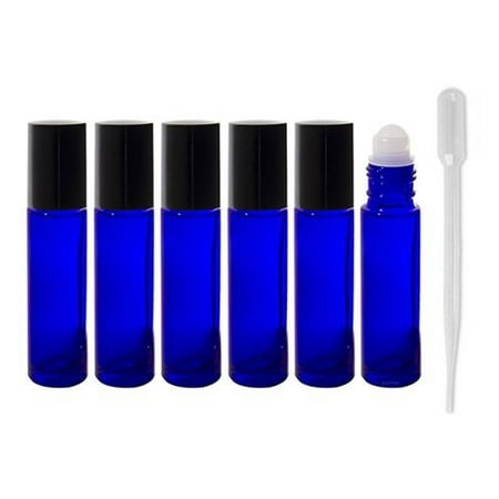 Each 10 Ml Bottle 10 ml (1/3 fl oz) Cobalt Blue Roll On Bottles With Plastic Roller Balls (Pack of 6) - Including 1 FREE Plastic 3 ml Dropper - Greenhealth ()