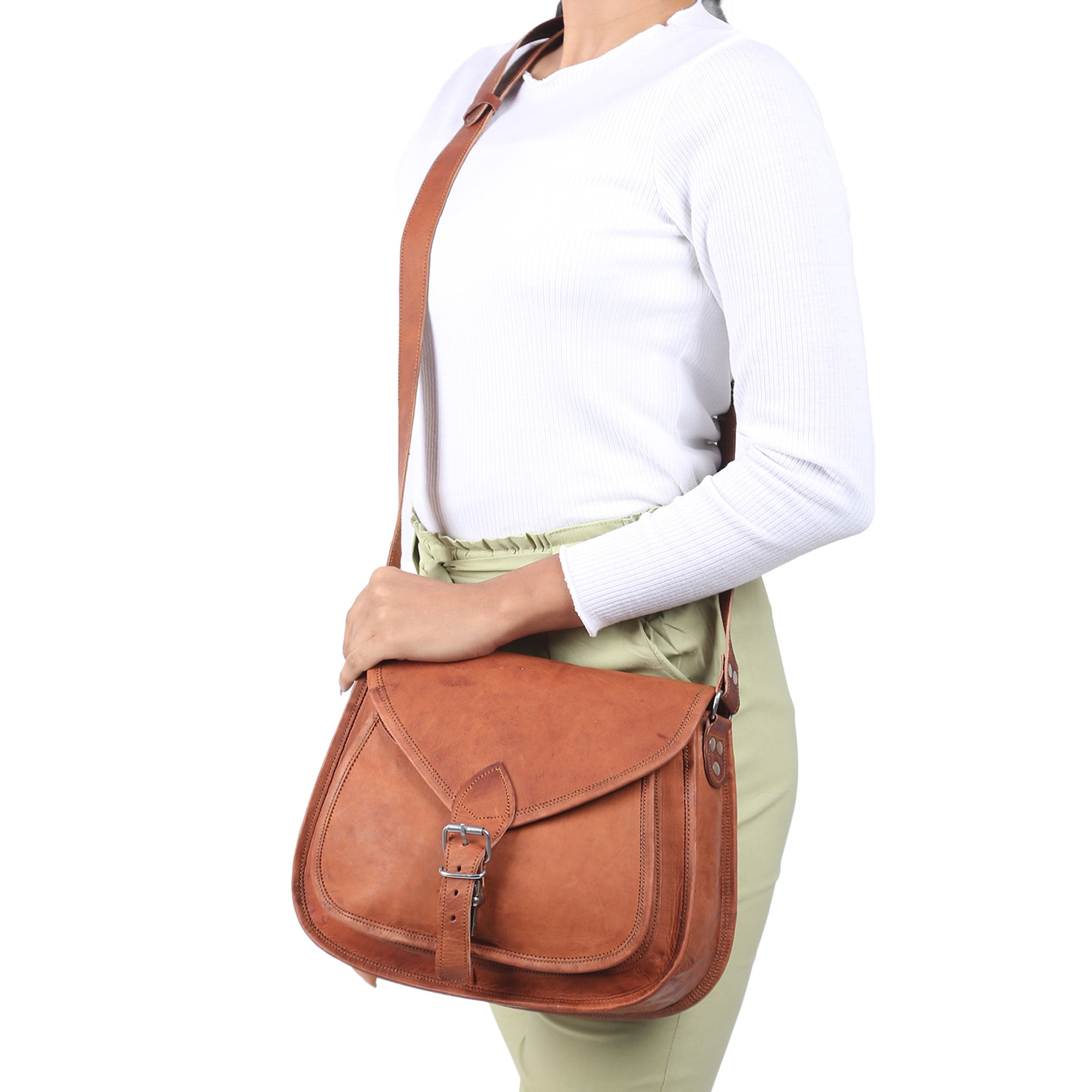 Leather Crossbody 12 Inch Shoulder Bag for Women, Tote Satchel Purse for Travel or Daily Use