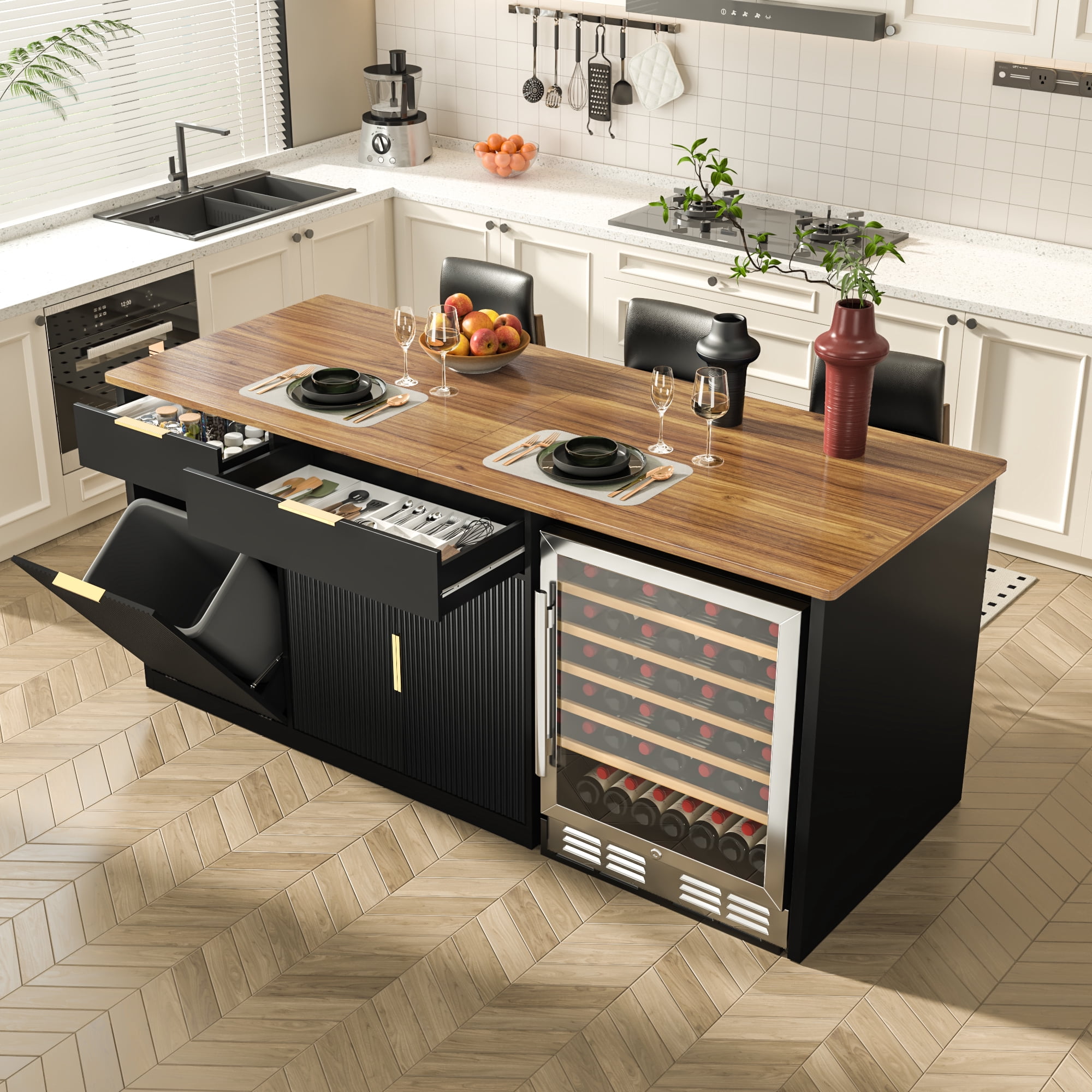 75.6"W Large Kitchen Island with Fridge Space, Modern Kitchen Bar Island Table