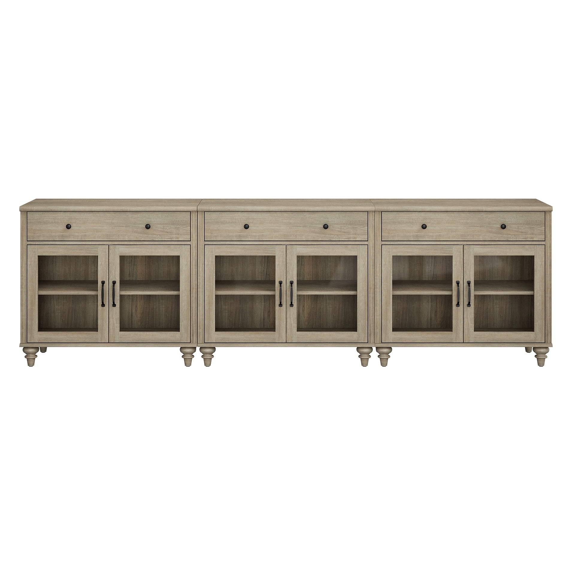 101" Wash Gray Glass Door Buffet Cabinet with Drawer, Farmhouse Sideboard with Storage