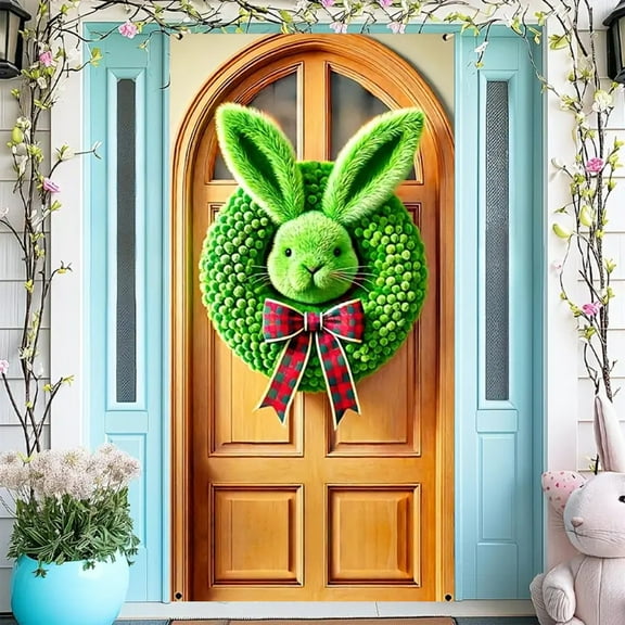 Happy Easter Door Cover Cute Easter Bunny Door Cover Happy Easter Party Supplies, Easter Welcome Door Porch Banner for Spring Easter Holiday Party Decorations (Door Cover,70.8"x35.4")