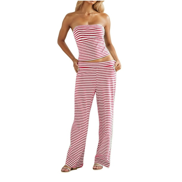 Pantalones Conjunto Mujeres 2 Piezas Outfits Dressy Raya Impresa sin Mangas Tube Top, Bolsillos de Piernas Anchas