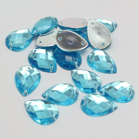 U8MO 100 Blue Flatback Acrylic Sewing Rhinestone TearDrop Sew on Gem Buttons 18X13mm