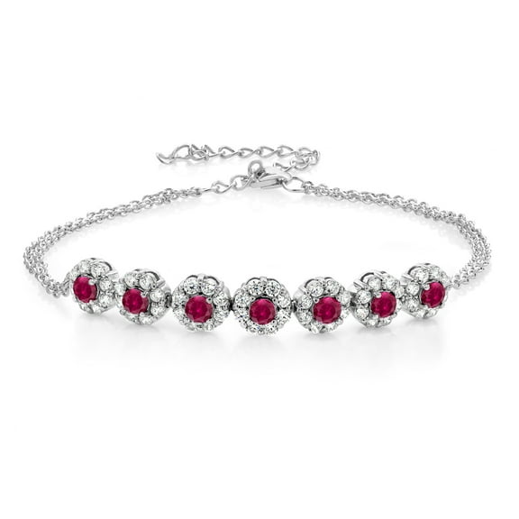 Gem Stone King 925 Sterling Silver Red Created Ruby Tennis Bracelet for Women (2.59 Cttw, Gemstone July Birthstone, 7 inch with 2 inch Extender)