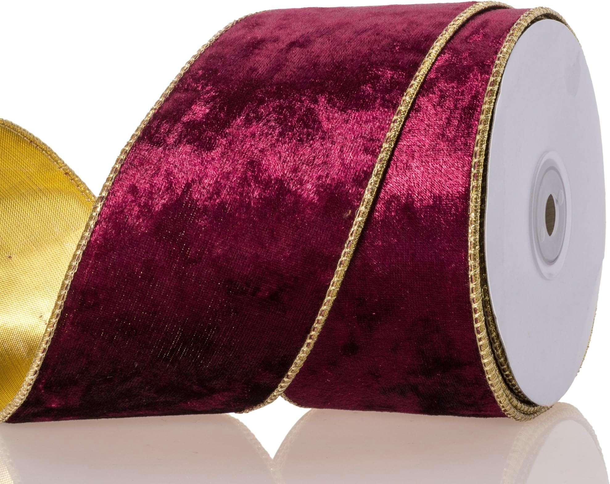 RuiJiao 2.5in Red Velvet Wired Christmas Wired Ribbon with Gold Backside, Red and Gold Christmas Ribbon for Tree Decorations, Wreaths, Crafts, Home Decor, Gift Wrapping