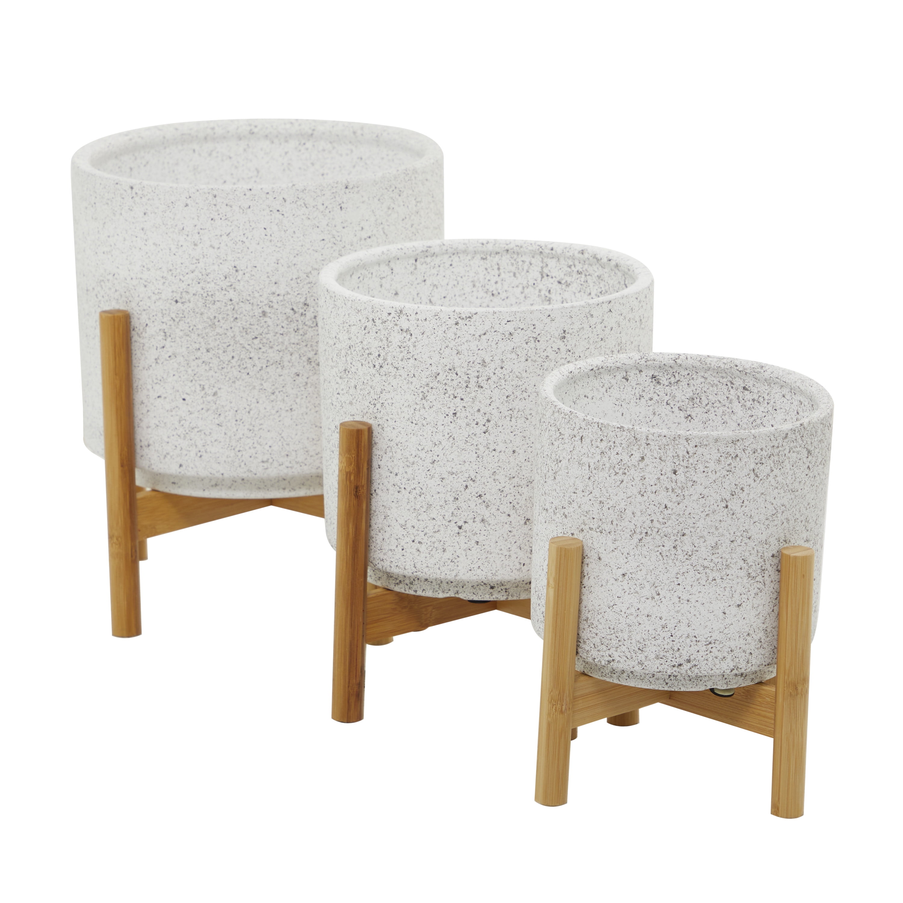 DecMode 12", 11", 10"H White Ceramic Planter with Removable Wood Stand (3 Count)