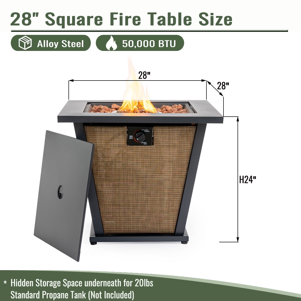 E-Western 28-Inch Propane Fire Pit Table with 50000 BTU Square Steel Fire Pit for Outdoor Patio Garden Courtyard Black+Brown