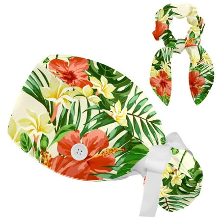 

Working Cap with Buttons and Sweatband Scrub Hat Bouffant Caps with Scrunchie Plumeria and Hibiscus Flowers Tie Back Hats