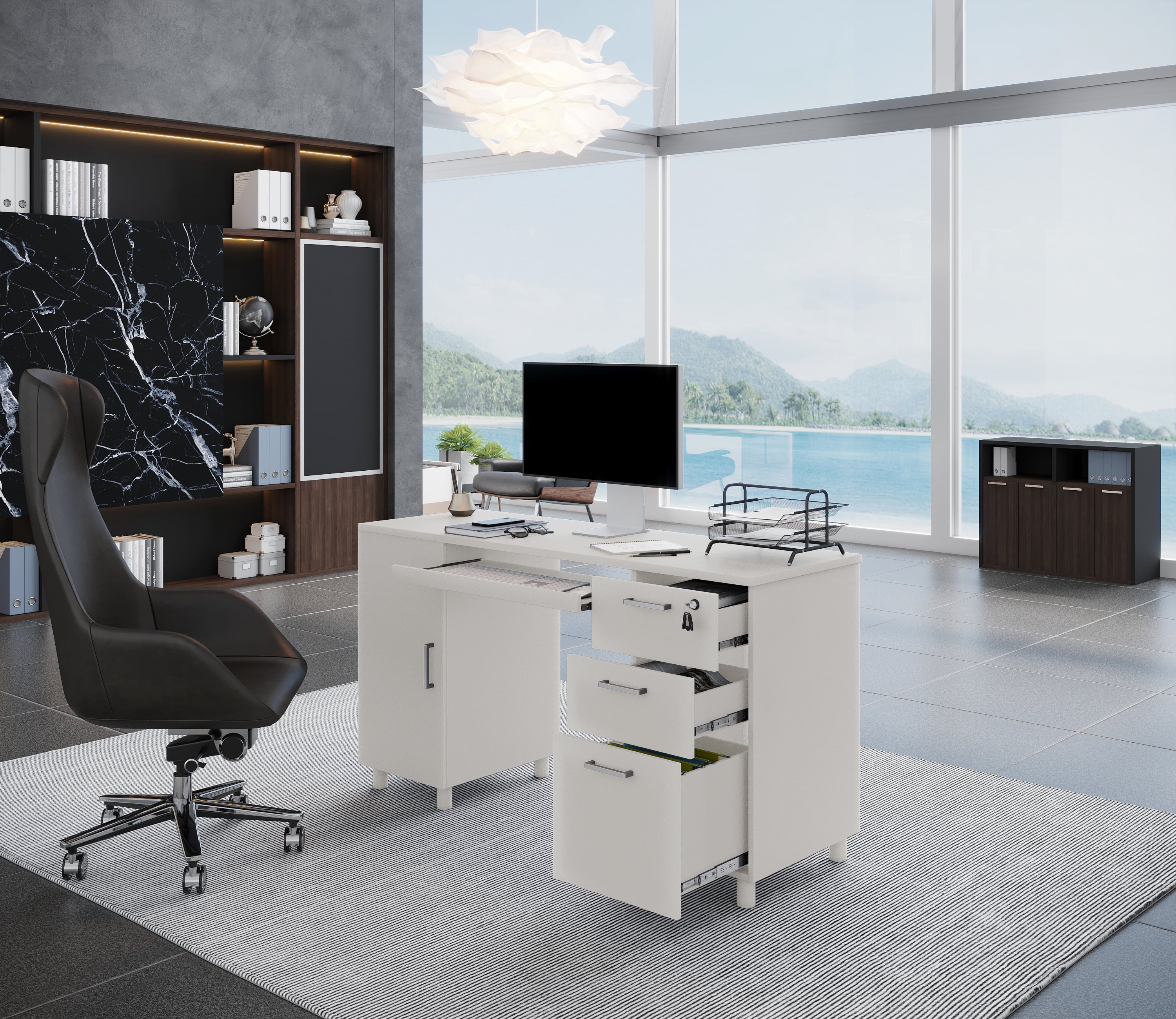 Modern Design Venice Computer Desk Great for Home Office Desk by Crafts and Comfort - 3 Drawers and CPU Storage Cabinet - Laptop Workstation with Keyboard Tray and Cable Hole - White
