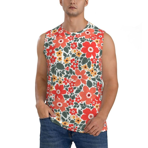Fotbe Small Coral Red Flowers Men's Camiseta sin Mangas Estampada para Hombres, Playera Casual para Gimnasio, Entrenamiento, Playa-Medium