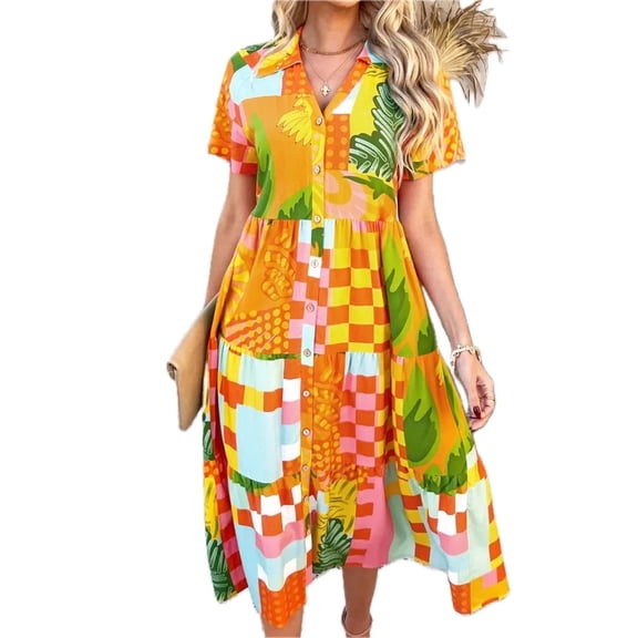 Women's Printed Johnny Collar Button Down Short Sleeve Midi Shirt Dress 70% viscose 30% lyocell fabric with relaxed fit