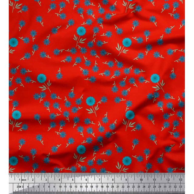Soimoi Poly Georgette Fabric Leaves & Blue Flower Floral Print Fabric by Yard 52 Inch Wide