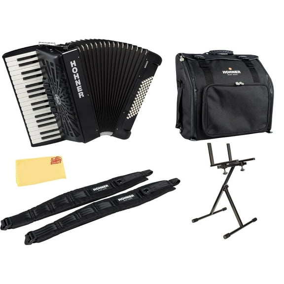 Hohner Bravo III 72 Chromatic Piano Key Accordion - Black Bundle with Gig Bag, Stand, Adjustable Straps, and Austin Bazaar Polishing cloth