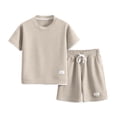 thumbnail image 5 of Boys Girls Waffle Knit 2 Piece Set Short Sleeve Top and Shorts 3-14Y Casual Summer Outfit for Kids,Khaki,8-9 Years, 5 of 7