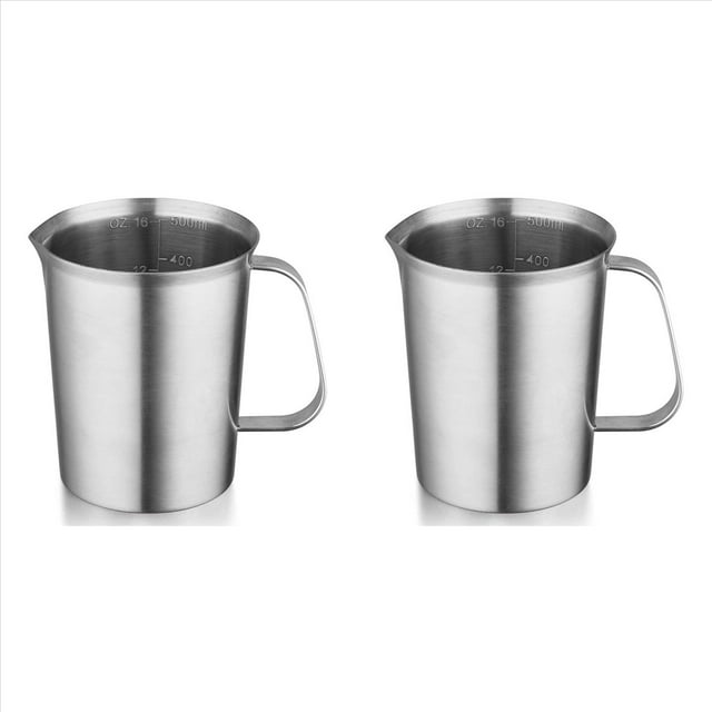 2X Medidora de Acero Inoxidable con Asa y Borde para Verter, Jarra de Metal con Marcas Oz y ML, 16OZ/500ML, Jarra