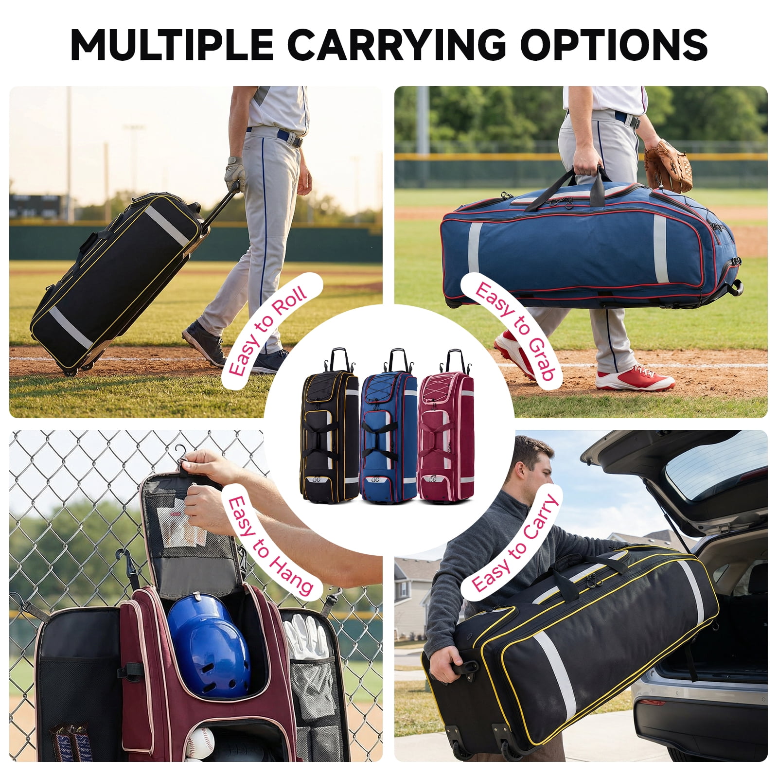 Fegat Rolling Baseball Bag with Wheels,100L Large Softball Bag Catchers Gear Bags for 8 Bats,Equipment Bag with 5 Fence Hooks,Reflective Strip,Shoe Compartment,Holds All Softball Baseball Equipment