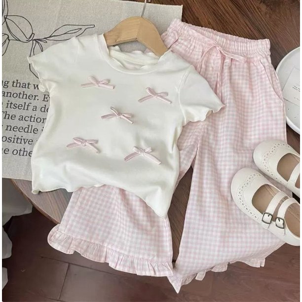 2 Pcs/set Summer Kid Girls Clothes Set Sweet T-shirts and Wide Legging Pants Children Fashion Top Bottom Outfits Streetwears