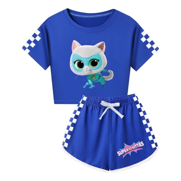 Girls Super Kitties 2-Piece Clothing Set – Cute Cropped T-Shirt and Shorts – Kids Casual Summer Wear