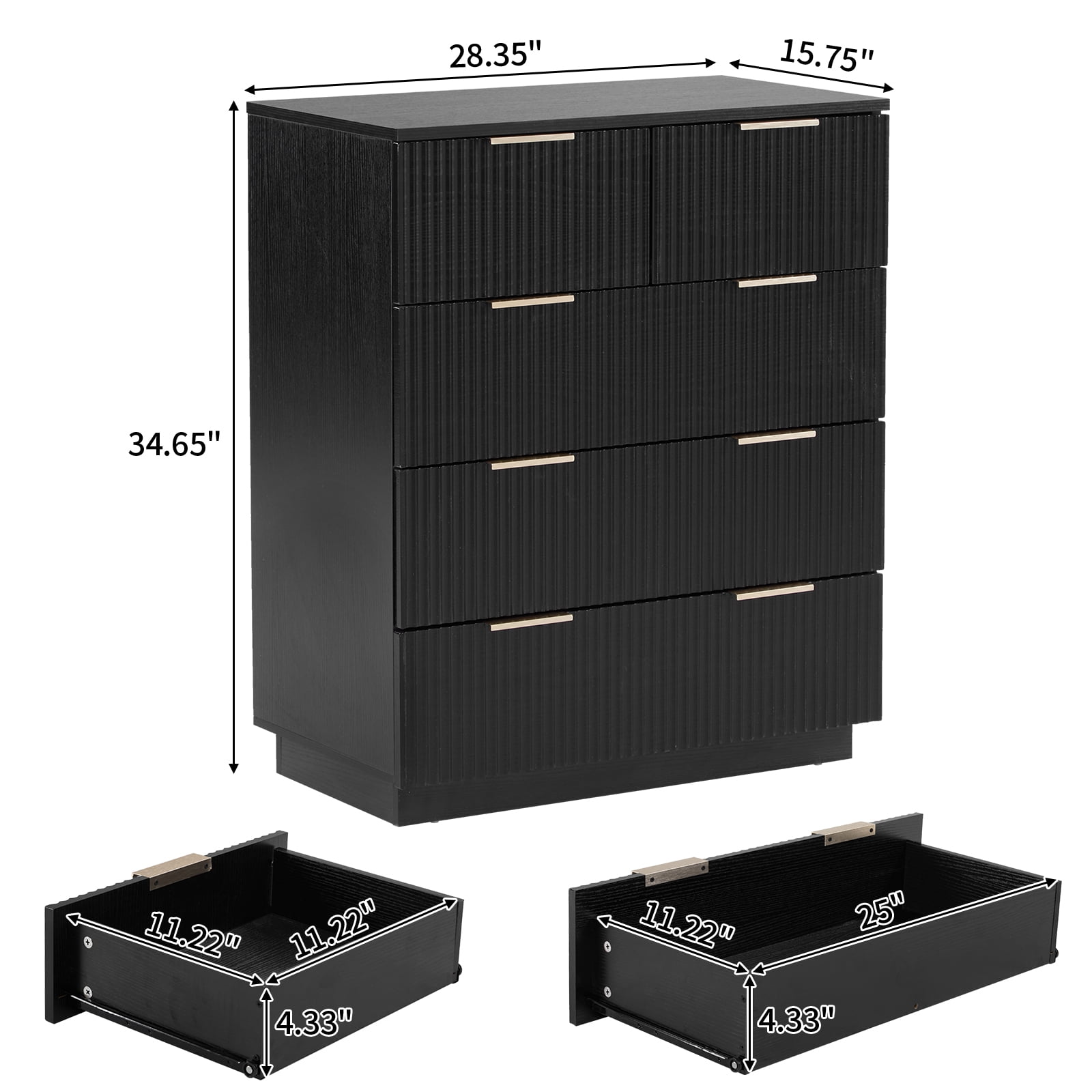 UBesGoo Fluted 5 Drawer Dresser for Bedroom Wood Storage Dresser Modern Closet Dressers Chest of Drawers Organizer for Bedroom Living Room, Black