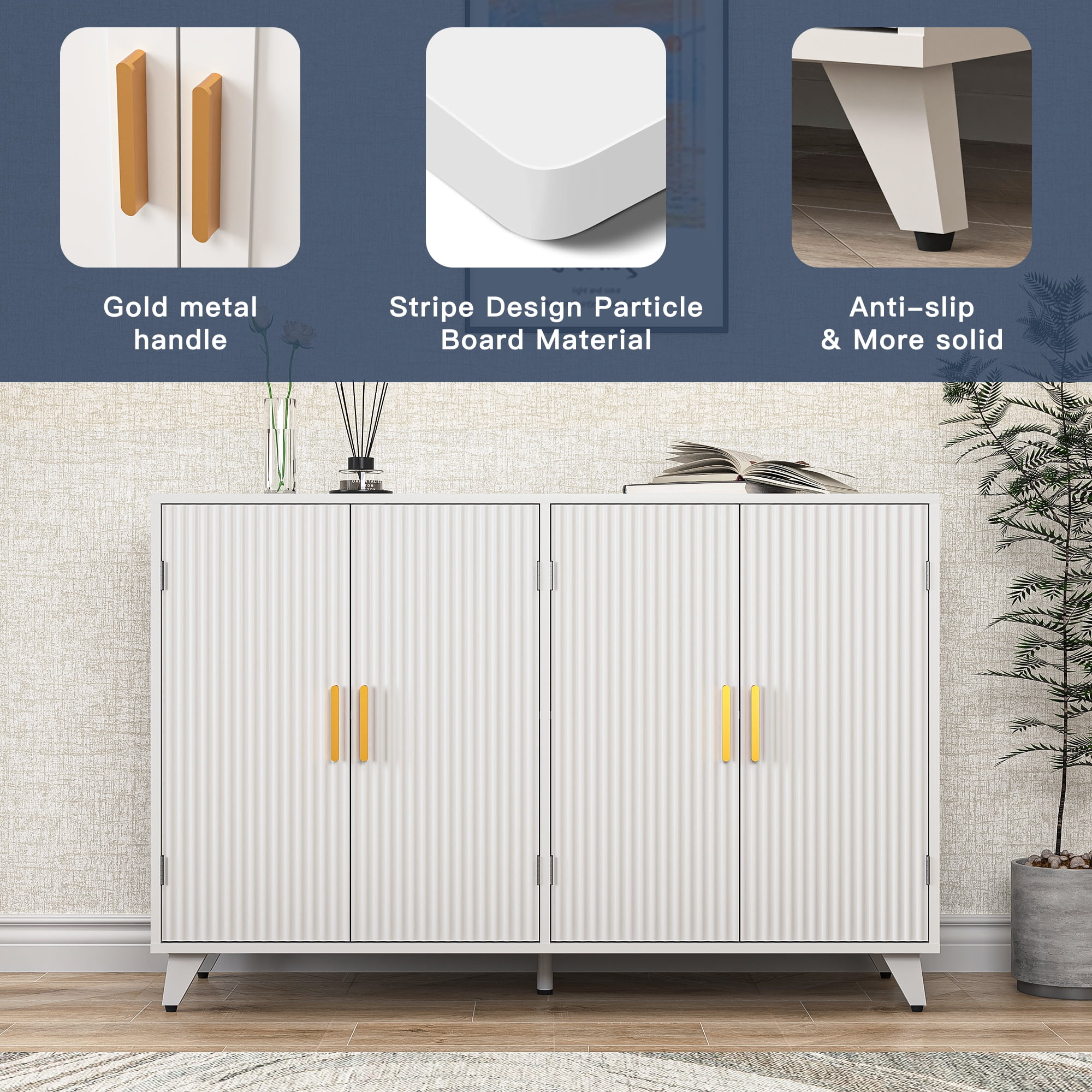 Finihen Sideboard Buffet Cabinet, Storage Cabinet with 4 Doors, for Dining Room, Living Room, Hallway, Entryway, White