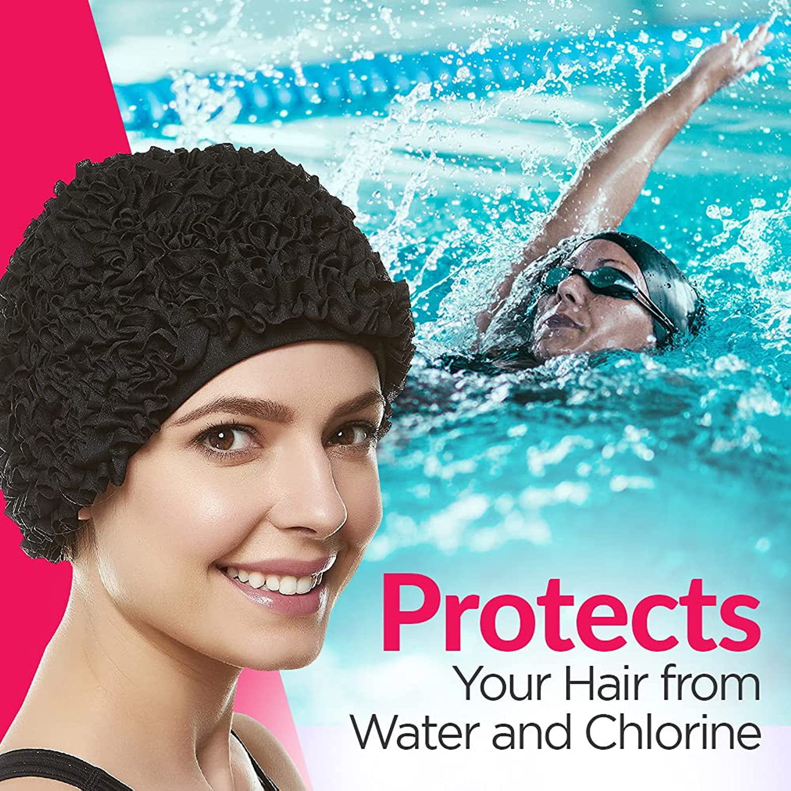 Beemo Women's Swim Bathing Cap Turban–Polyester Latex Lined Ruffled Shower  Cap, Black 